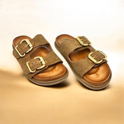 Sandalo doppia fascia camoscio cognac