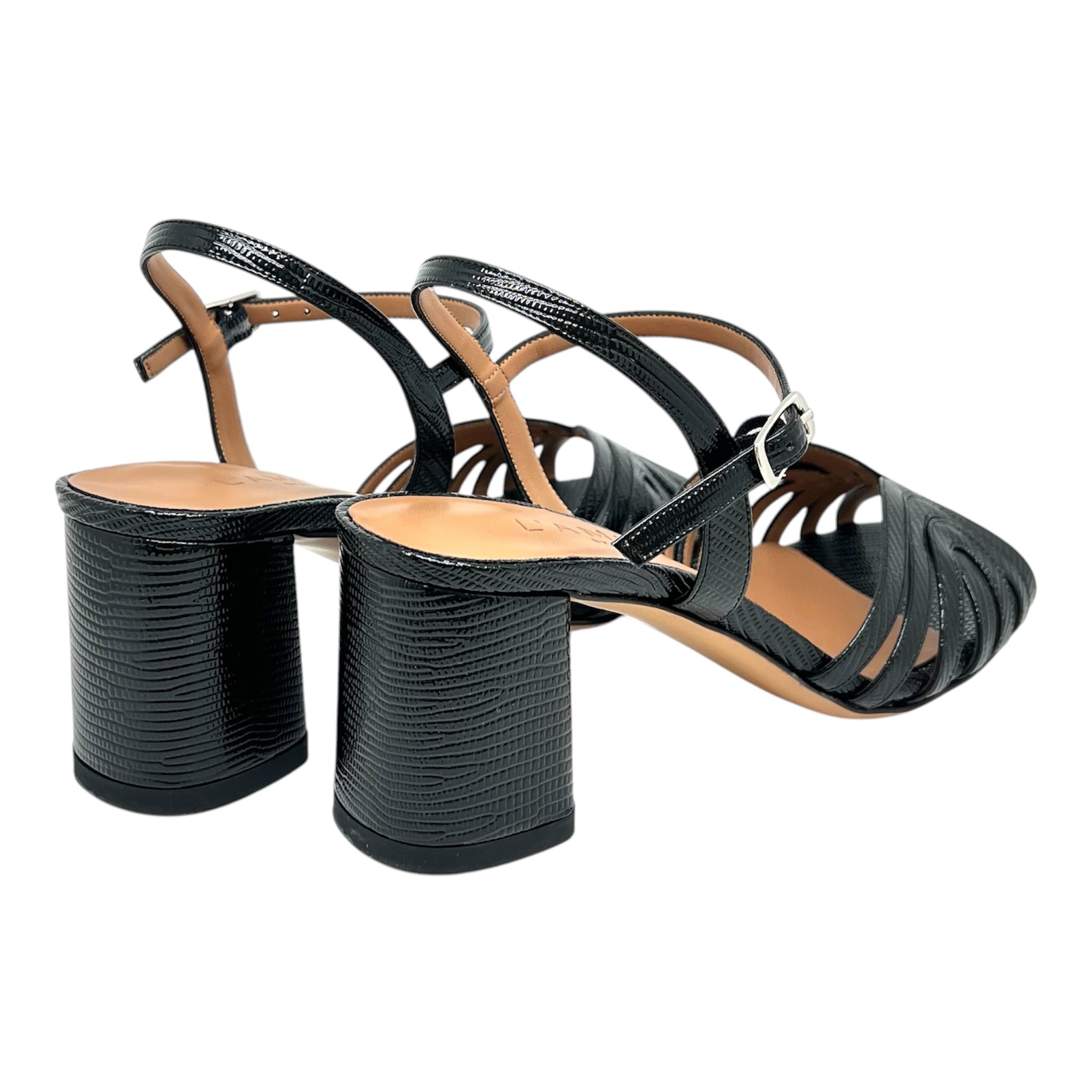 Sandalo vernice nero tacco largo