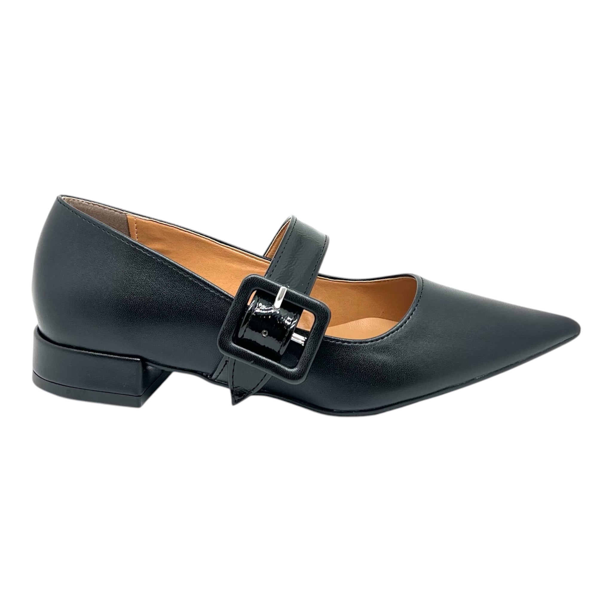 Ballerina Mary Jane Nera a punta con Fibbia Maxi - Tacco Basso 2cm