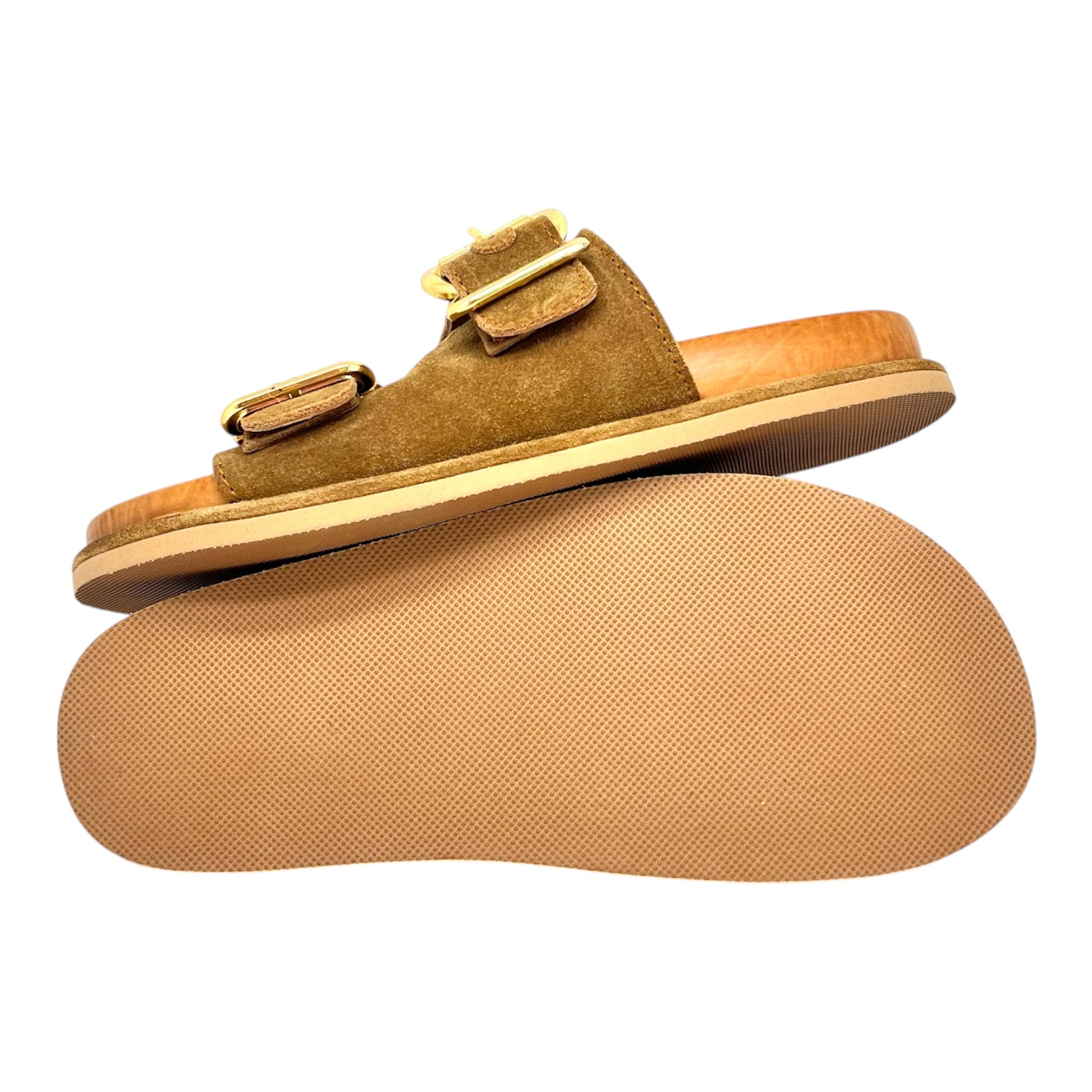 Sandalo doppia fascia camoscio cognac