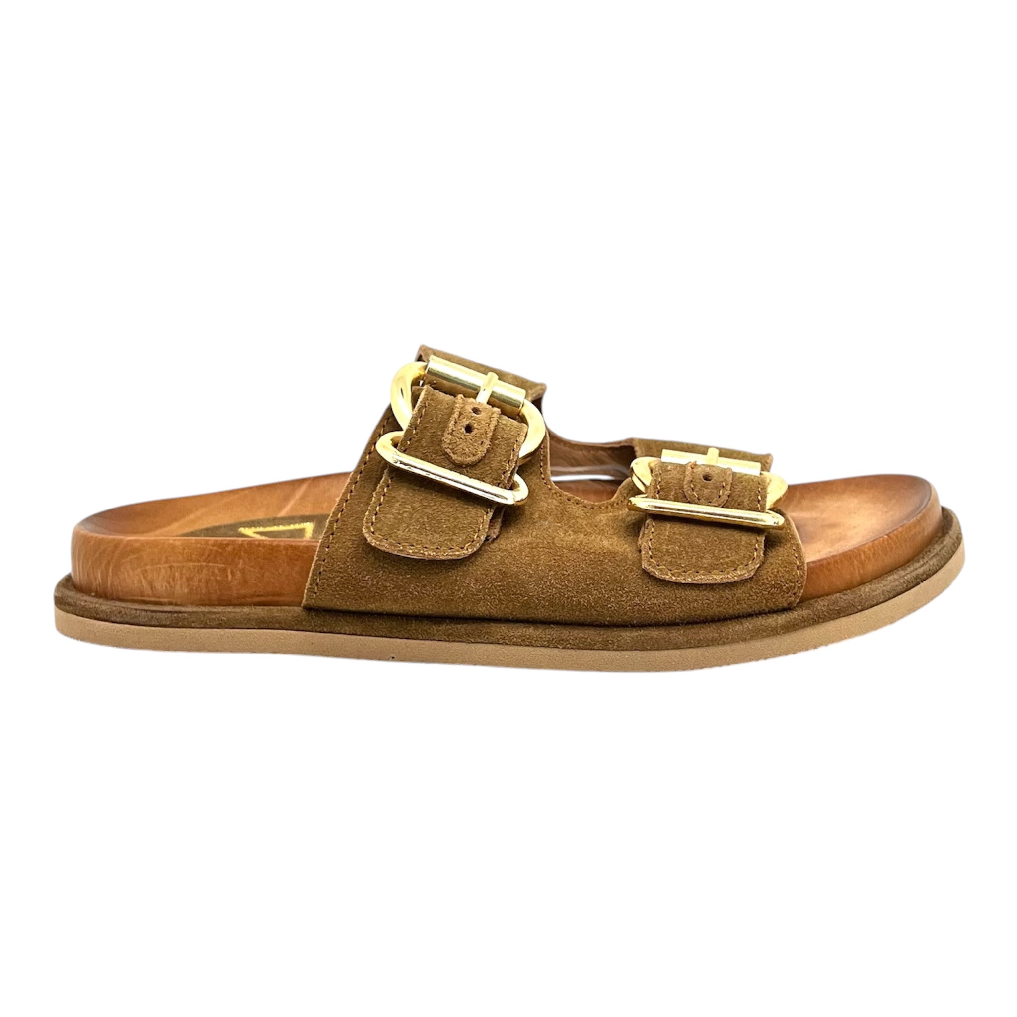 Sandalo doppia fascia camoscio cognac