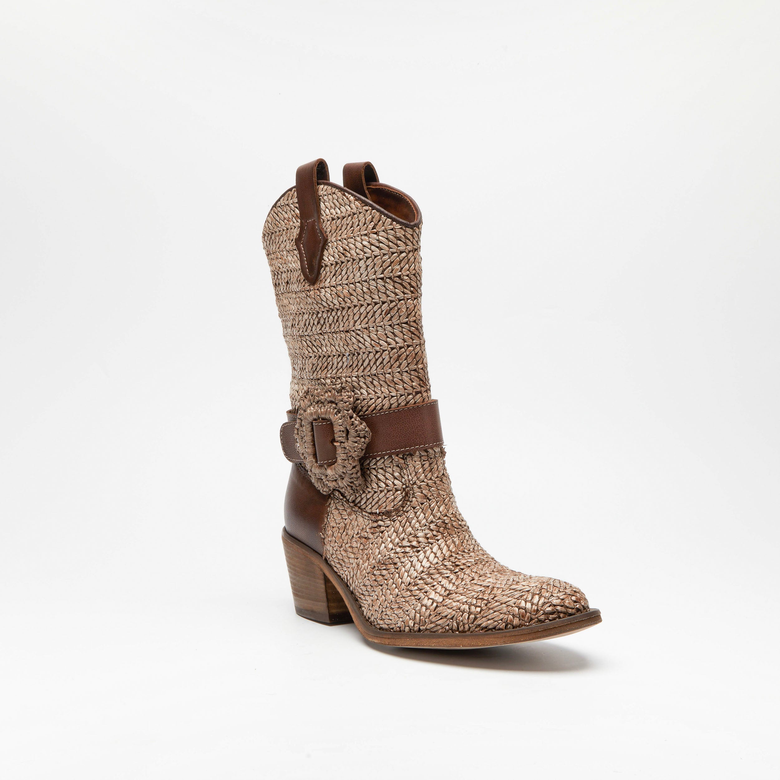 Bottine en raphia et cuir marron foncé
