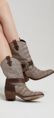 Bottine en raphia et cuir marron foncé