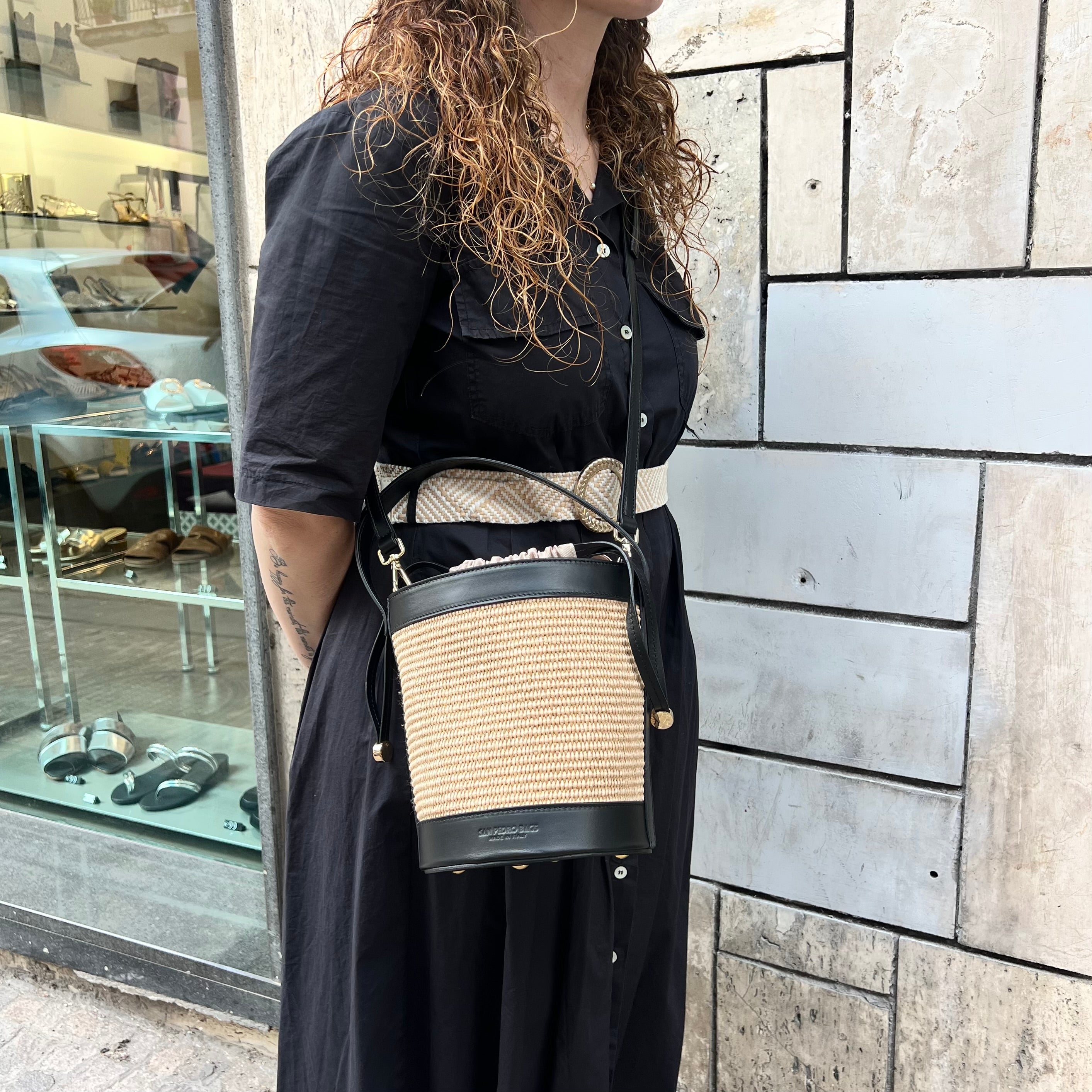 Borsa secchiello paglia e pelle