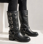 Stivale Biker Donna in Vera Pelle Nera con 4 Fibbie