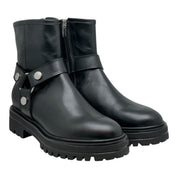Stivaletto Biker Donna in Vera Pelle Nera - Fibbia Harness e Suola Carrarmato | Made in Italy