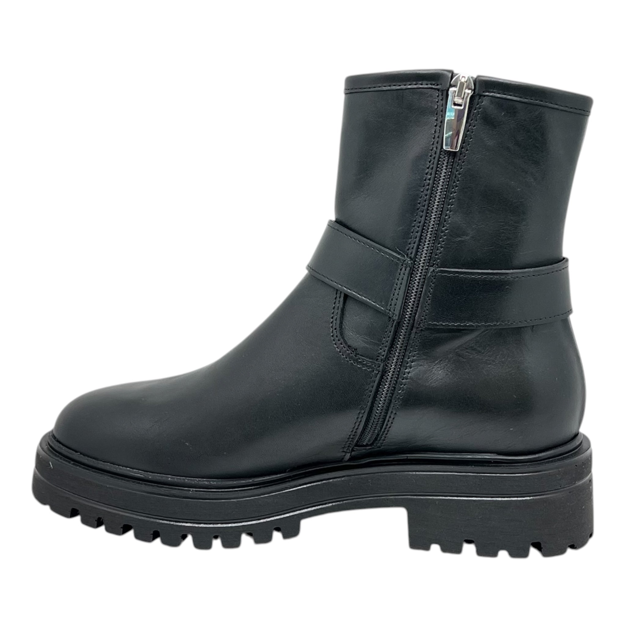 Stivaletto Biker Donna in Vera Pelle Nera - Fibbia Harness e Suola Carrarmato | Made in Italy