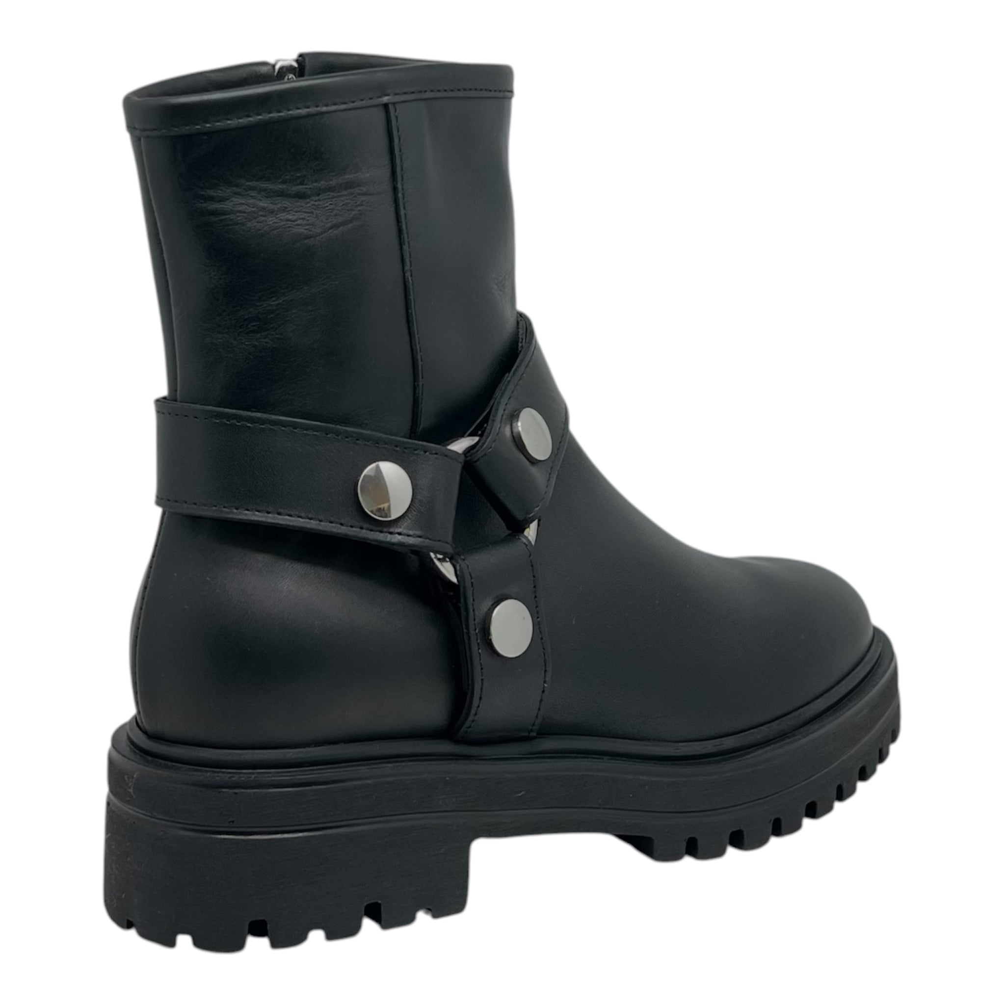 Stivaletto Biker Donna in Vera Pelle Nera - Fibbia Harness e Suola Carrarmato | Made in Italy