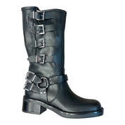 Stivale Biker Donna in Vera Pelle Nera con 4 Fibbie
