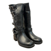 Stivale Biker Donna in Vera Pelle Nera con 4 Fibbie