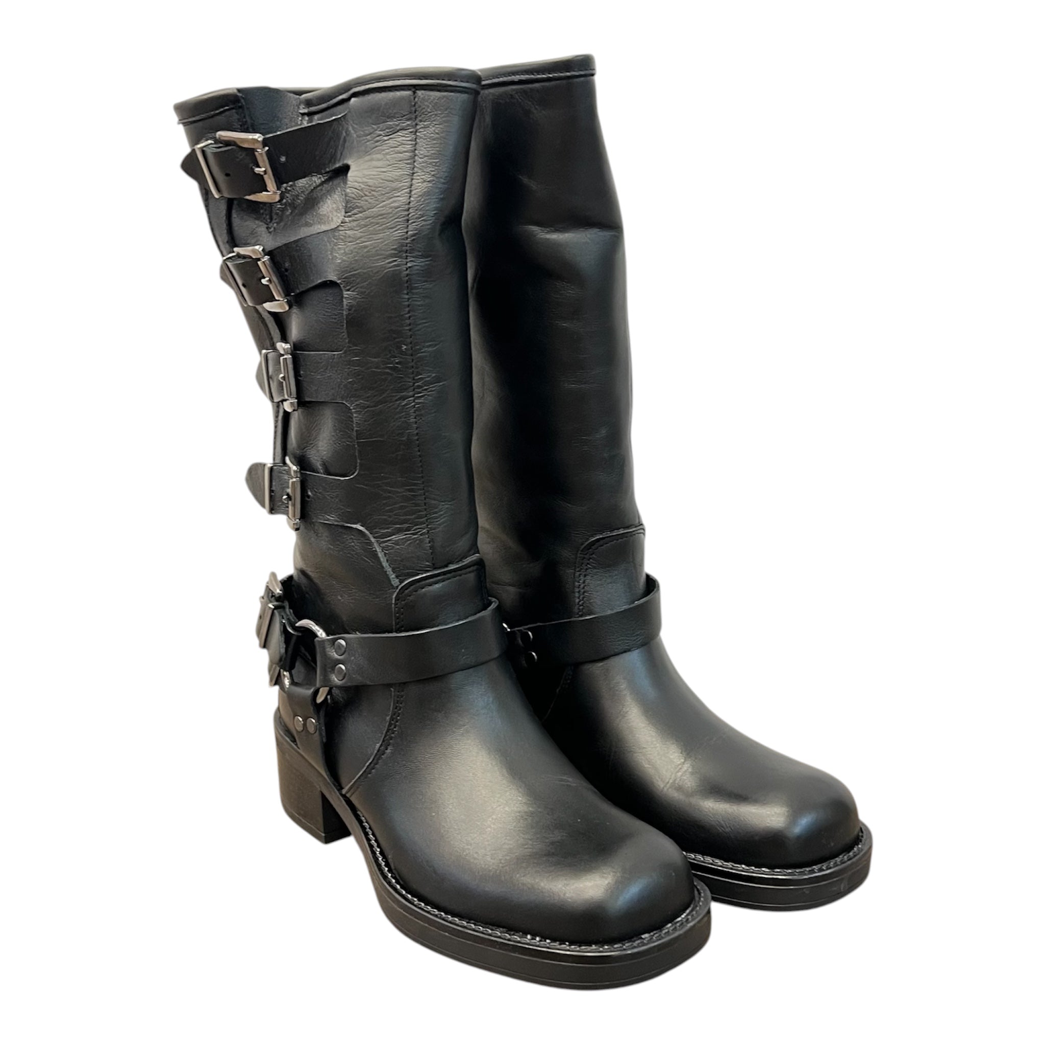 Stivale Biker Donna in Vera Pelle Nera con 4 Fibbie